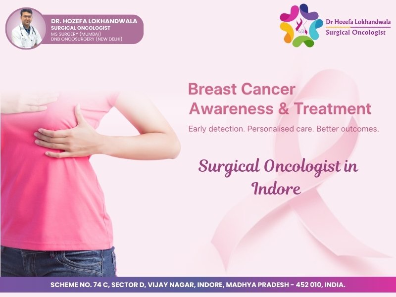 Breast cancer awareness and treatment banner showing a woman doing a breast self‑examination with a pink ribbon background, highlighting the best breast cancer specialist in Indore and an experienced surgical oncologist in Indore.