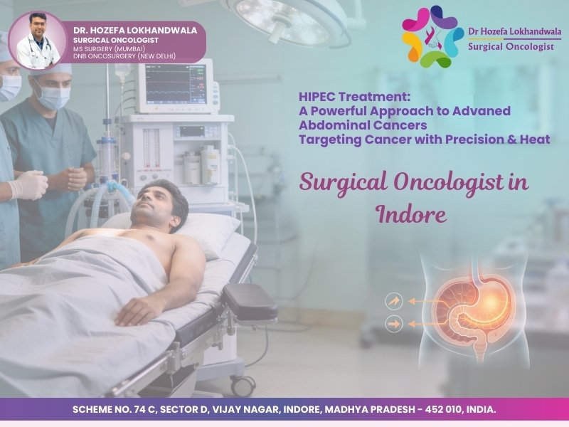 Patient lying on an operation table with surgical team and a glowing abdominal diagram showing heated chemotherapy, representing HIPEC treatment in Indore by an experienced surgical oncologist and cancer doctor in Indore