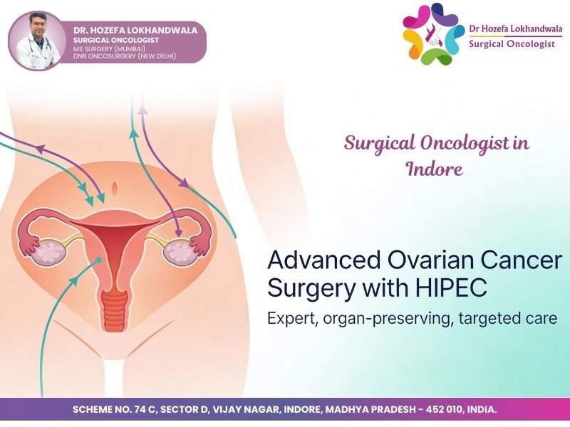 Advanced ovarian cancer surgery with HIPEC illustration showing uterus, ovaries and heated chemotherapy flow, promoting ovarian cancer surgery in Indore by an experienced HIPEC specialist and surgical oncologist.