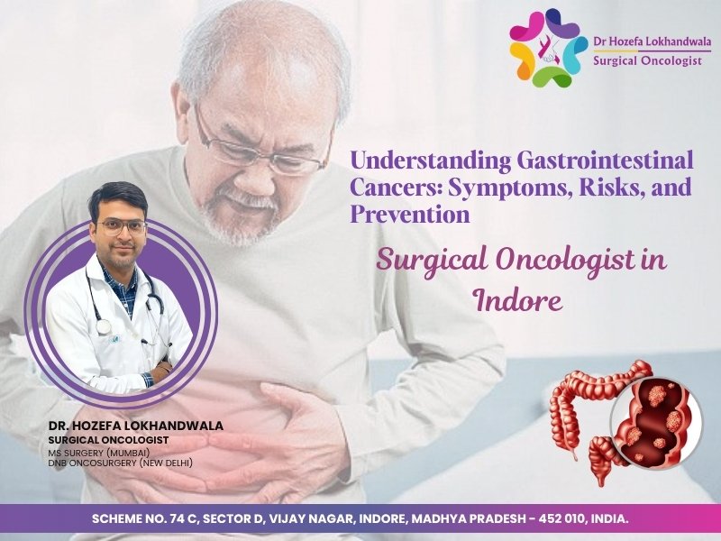 Dr Hozefa Lokhandwala, Surgical Oncologist in Indore, highlighting awareness about gastrointestinal cancers, including symptoms, risks, prevention, and early cancer detection.